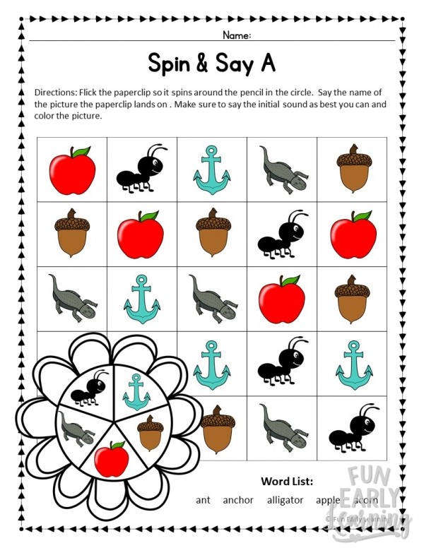 Spin and Say Initial Sounds FREE Phonics Activity. Great for learning beginning reading skills, beginning sounds, and phonics in preschool, kindergarten, RTI, and early childhood. #literacycenter #phonics #initialsounds #freeprintable