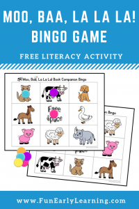 Moo, Baa, La La La Book Companion FREE Bingo Game. Great for articulation, speech, literacy and language. Fun activity for toddlers, preschool, kindergarten, RTI, and early childhood. #bingo #moobaalalala #freeprintable