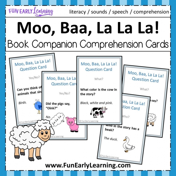 Moo, Baa, La La La Book Companion Comprehension Cards Free Activity. Great for articulation, speech, literacy and language. Fun activity for toddlers, preschool, kindergarten, RTI, and early childhood. #comprehension #literacycenter #moobaalalala #freeprintable