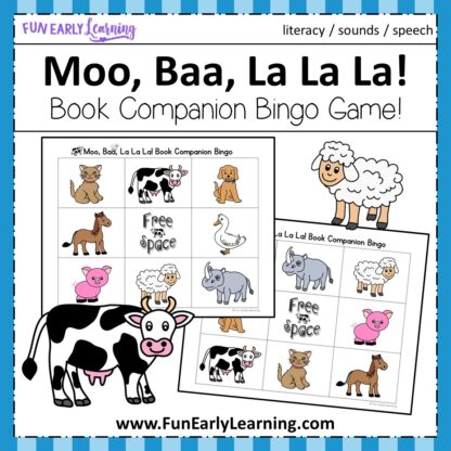 Moo, Baa, La La La Book Companion FREE Bingo Game. Great for articulation, speech, literacy and language. Fun activity for toddlers, preschool, kindergarten, RTI, and early childhood. #bingo #moobaalalala #freeprintable