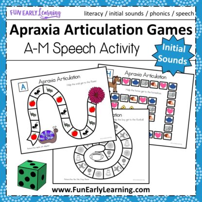 Apraxia Articulation Games A-M Speech Therapy Activity. Fun hands-on speech activity for learning articulation, speech and initial sounds in preschool and kindergarten. #articulation #speechtherapy #apraxia