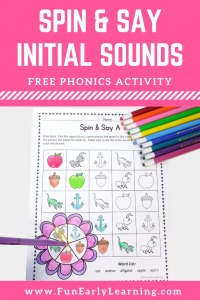 Spin and Say Initial Sounds Free Phonics Activity. Great for learning beginning reading beginning sounds, and phonics in preschool, pre K, and Kinder.  #phonics #freeprintable #funearlylearning