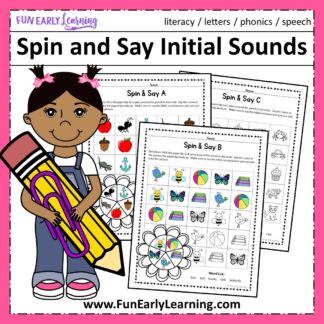 Spin and Say Initial Sounds Free Phonics Activity. Great for learning beginning reading beginning sounds, and phonics in preschool, pre K, and Kinder. #phonics #freeprintable #funearlylearning