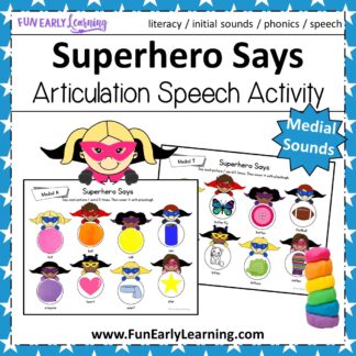 Superhero Says Articulation Activity for Medial Sounds! Fun free printable for working on articulation, speech and phonics! Great for preschool, pre-k, kindergarten, and early childhood. #articulation #speechtherapy #phonics #freeprintable