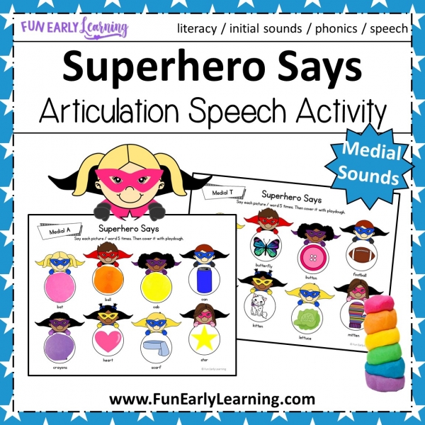 Superhero Says Articulation Activity for Medial Sounds! Fun free printable for working on articulation, speech and phonics! Great for preschool, pre-k, kindergarten, and early childhood. #articulation #speechtherapy #phonics #freeprintable