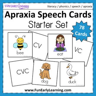 Apraxia Speech Cards for Speech Therapy and speech activities. Free Apraxia Cards Starter Set for practicing speech and articulation with toddlers, preschool, kindergarten and kids.