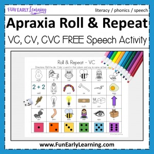 Apraxia Roll and Repeat for Speech Therapy. Free printable speech activity for learning articulation, speech, language and phonics. Perfect for preschool, prek, and kindergarten. #speechtherapy #apraxia #freeprintable