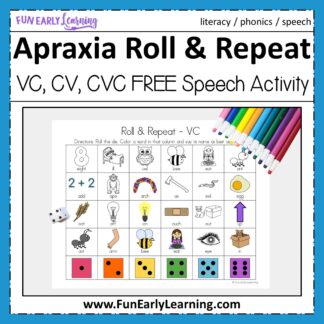 Apraxia Roll and Repeat for Speech Therapy. Free printable speech activity for learning articulation, speech, language and phonics. Perfect for preschool, prek, and kindergarten. #speechtherapy #apraxia #freeprintable
