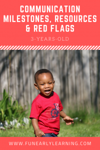 Communication Milestones, Resources and Red Flags for 3-Years-Old. Great information on language and communication skills to look for in your child. Also includes helpful resources and tips for speech, articulation, language and more! #articulation #language