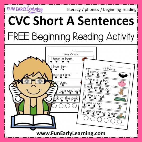 Beginning Reading CVC Short A Sentences Activity. Fun free printable phonics activity that is great for preschool, kindergarten, RTI and early childhood! #phonics #beginningreading #freeprintable