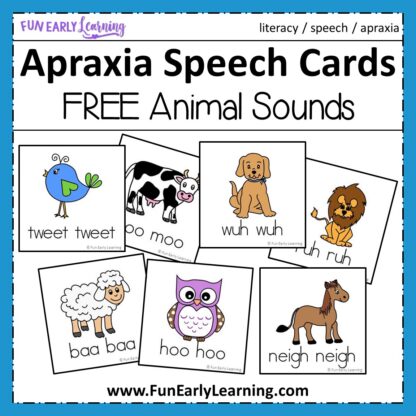 Apraxia Speech Cards - Animal Sounds for Speech Therapy. These free speech cards are great for working on speech and articulation with toddlers, preschool, and kindergarten. #speech #speechtherapy #apraxia #freeprintable