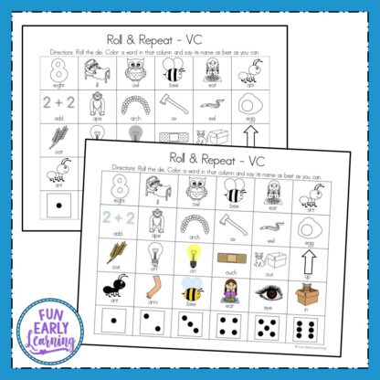 Apraxia Roll and Repeat Speech Therapy Activity. Fun free printable for learning articulation, speech and phonics. Perfect for preschool and kindergarten. #articulation #speechtherapy #apraxia #freeprintable