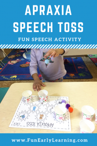 Apraxia Speech Toss Speech Therapy Activity. Fun activity for speech, articulation, language, and beginning sounds. Great for preschool, kindergarten, and early childhood. #articulation #speechtherapy #apraxiaactivity