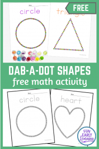 Fun shape activities for preschool and kindergarten! Dab-a-Dot Shapes free printable for at home or in the classroom. Fun hands on shape art that also works on fine motor skills.