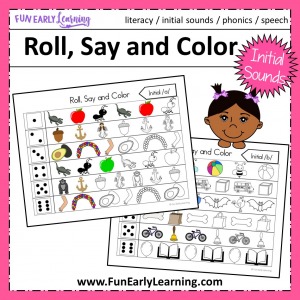 Roll Say and Color Initial Sounds Fun Phonics Activity! Learn beginning sounds, phonemic awareness, and letter-sound correspondence with our fun hands-on activity! Great for preschool and kindergarten.
