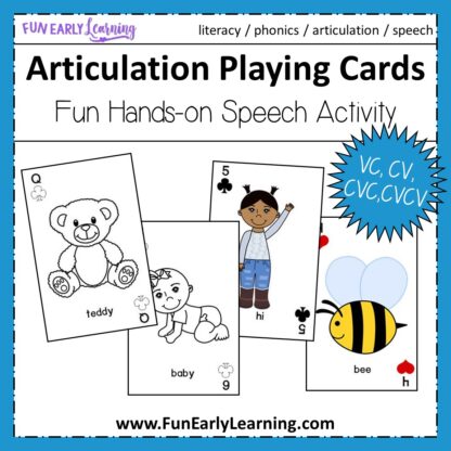 Articulation Playing Cards Speech Therapy Game! Fun free printable for learning articulation, phonics, initial sounds and speech skills. Perfect for preschool and kindergarten! #articulation #speechtherapy #apraxia #freeprintable