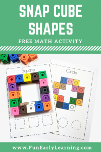 Snap Cube Shapes Math Activity. Free printable for preschool, kindergarten, prek, and homeschool. Teach children shape identification, shape formation, and writing!