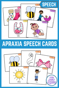 Apraxia Speech Cards Level 1 Early Sounds. 356 speech cards for learning articulation in speech therapy and language development. Great therapy ideas for adults, childhood, preschool and more! #apraxia #speech #funearlylearning
