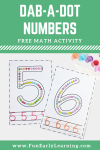 Fun math activities and free printable for preschool, pre k and kindergarten! Dab-a-Dot Numbers activity for learning number identification and writing at home and in the classroom.