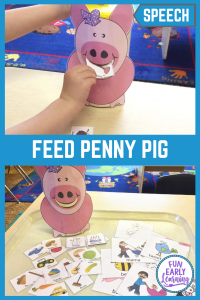 Feed Penny Pig Articulation Game for Speech and Language Development. Fun and silly free printable that is great for speech therapy for preschool, kindergarten and early childhood. #articulation #speechtherapy #freeprintable