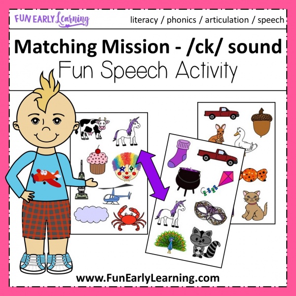 Free Matching Mission CK Sounds game for speech therapy and articulation. Great for preschool, prek, and kindergarten. #phonicactivities #speechtherapy #freeprintable #funearlylearning