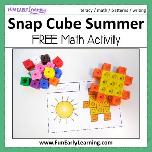Snap Cube Summer Shapes Math Activity. Fun hands-on activity for shapes and shape writing. Perfect for preschool, kindergarten, RTI and early childhood. #mathcenter #shapeactivity #summeractivity #snapcubes #funearlyearning
