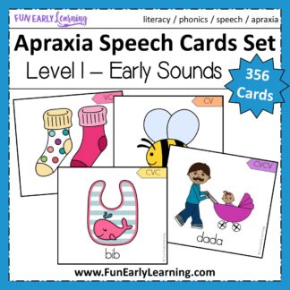 Apraxia Speech Cards Set Level 1 Early Sounds. Fun hands-on speech activity for learning articulation, speech, language and phonics. Perfect for preschool, kindergarten and early childhood. #speechtherapy #articulation #apraxia