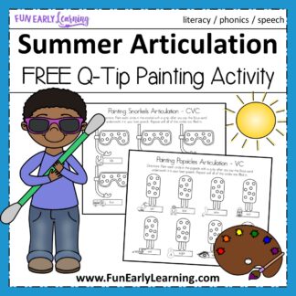 Summer Articulation Q-Tip Painting Speech Activity. Fun free printable for learning articulation, speech, and phonics. Perfect for preschool and kindergarten! #articulation #speechtherapy #apraxia #freeprintable