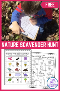 Nature Walk Scavenger Hunt Free Printable! Fun activity for kids, preschool, and kindergarten this spring, summer and fall! #naturewalk #freeprintable #funearlylearning
