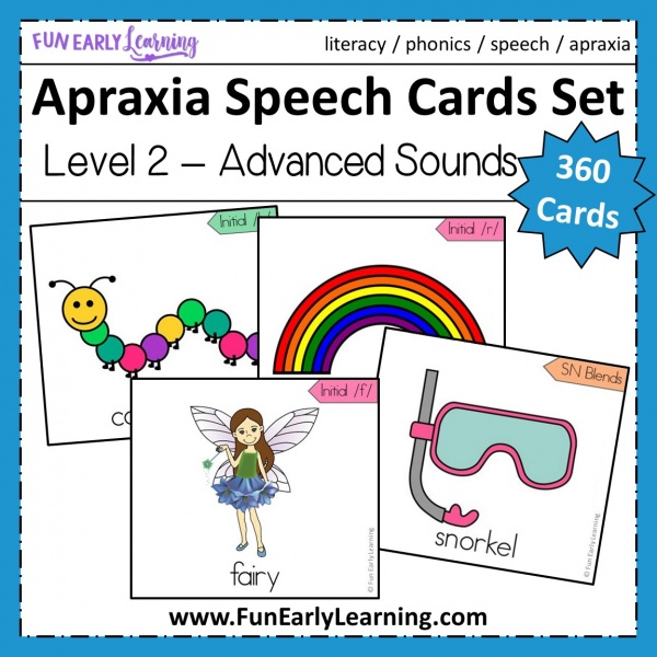Apraxia Speech Cards Level 2 Advanced Sounds. 360 speech cards for learning articulation in speech therapy and language development. Great therapy ideas for adults, childhood, preschool and more! #apraxia #speech #funearlylearning