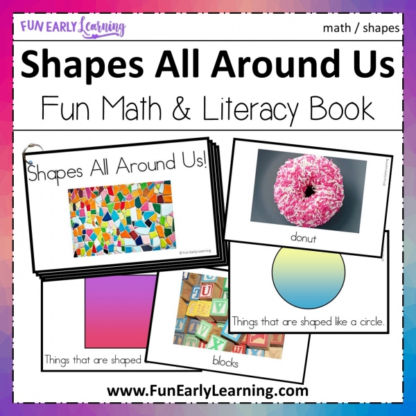 Shapes All Around Us Book. Fun book for learning about shapes in the environment. Perfect for toddlers, preschool, kindergarten, and early childhood! #shapes #shapebook #mathcenter #freeprintable
