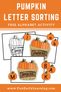Fun Fall Alphabet Activities for preschool and kindergarten! Children will learn letter identification and sorting with this free printable. #fallactivity #halloween #funearlylearning