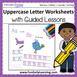 Uppercase Letters Worksheets with Guided Lessons Fun no prep printable for kindergarten and preschool. Great for teaching handwriting, letters, and beginning sounds.