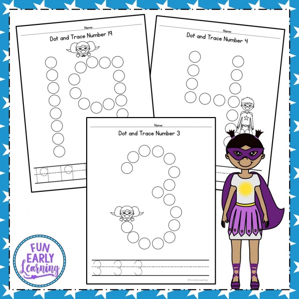 Dot and Trace Numbers with Superheroes Activity for Preschool and Kindergarten! Fun printables for kids! #mathcenter #numbersactivity #funearlylearning