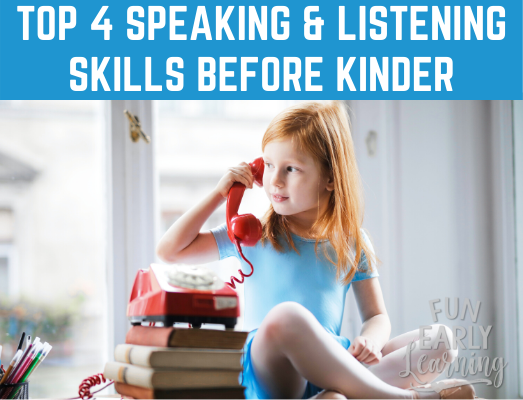 Top 4 Speaking & Listening Standards Your Child Needs Before Kindergarten. These skills help them to be successful in school and beyond! Is your child ready? #kindergartenreadiness #kindergartenprep #prekinder #prek #speakingskills #listeningskills #speakingstandards #listeningstandards #ealrychildhood