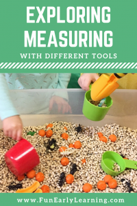 Fun measurement activity for preschool! Explore measuring tools with this fun sensory bin at home or at school.