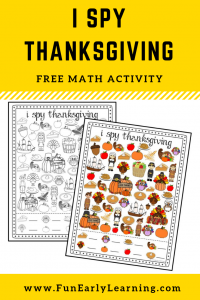 I Spy Thanksgiving Free Printable! Fun holiday kid's activity for finding, matching, and counting Thanksgiving pictures. Fun activity for preschool, kindergarten and early childhood! #thanksgiving #freeprintable #thanksgivingmath