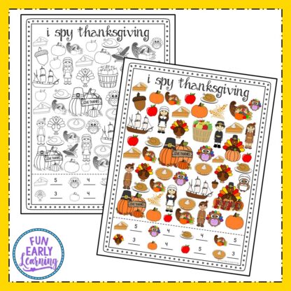 I Spy Thanksgiving Free Printable! Fun holiday kid's activity for finding, matching, and counting Thanksgiving pictures. Fun activity for preschool, kindergarten and early childhood! #thanksgiving #freeprintable #thanksgivingmath