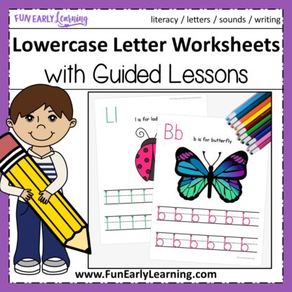Lowercase Letters Worksheets with Guided Lessons Fun no prep printable for kindergarten and preschool. Great for teaching handwriting, letters, and beginning sounds.