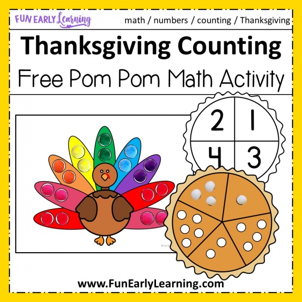 Download Our Thanksgiving Pom Pom Counting Free Printable today! It's a fun holiday kid's activity for number recognition, counting, quantifying and early math skills. Perfect for preschool, kindergarten, and early childhood. #thanksgiving #freeprintable #thanksgivingmath