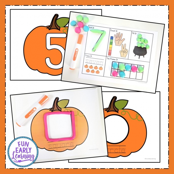 Play Dough Fun with Pumpkins Math & Literacy Activities! 7 different activities for learning letter identification, letter formation, number identification, counting, quantifying, and more! Fun hands-on activities that are perfect for toddlers, preschool, kindergarten, RTI, and early childhood! fall #Halloween #Thanksgiving #literacycenter #mathcenter