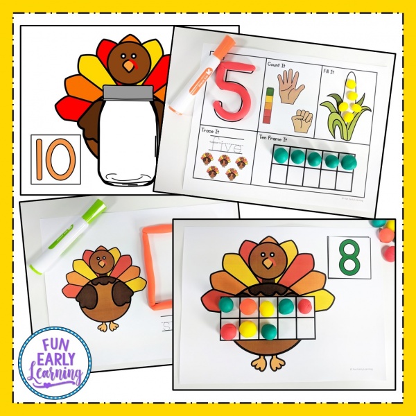 Play Dough Fun with Turkeys Math & Literacy Activities! 8 different activities for learning letter identification, letter formation, number identification, counting, quantifying, and more! Fun hands-on activities that are perfect for toddlers, preschool, kindergarten, RTI, and early childhood! #fallactivities #Thanksgiving #literacycenter #mathcenter