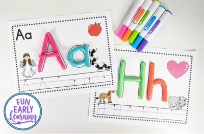 Play Dough Letter Fun Literacy Activity! Fun hands-on activity for kid's learning letter recognition, letter identification, letter-sounds, phonics and writing! Perfect for preschool, kindergarten and early childhood. #literacycenter #phonics #handwriting