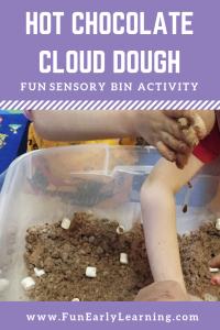 Hot Chocolate Cloud Dough Sensory Bin. Perfect winter activity for toddlers, preschool, kindergarten and early childhood! #hotchocolateclouddough #sensorybin #funearlylearning