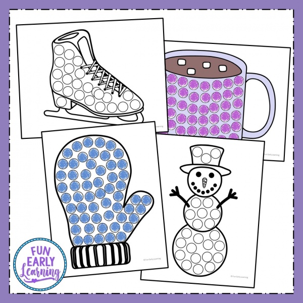 Winter Bingo Dauber Coloring Pages Free Printable! Fun free printable for winter and Christmas. Great for preschool, pre-k, kindergarten, and early childhood! #winteractivity #freeprintable