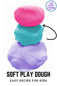 Softest play dough recipe for kids! Fun and easy homemade recipe that is no cook and uses no cream of tarter. DIY this silky, soft and fluffy play dough. Indoor activity for kids doing distance learning or in the classroom!