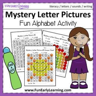 Mystery Letter Pictures Alphabet Activity. Fun no prep activity for learning letter recognition, letter identification, letter sounds and fine motor skills! Great for preschool, kindergarten, RTI and early childhood. #alphabetactivity #letteractivity #literacycenter #funearlylearning