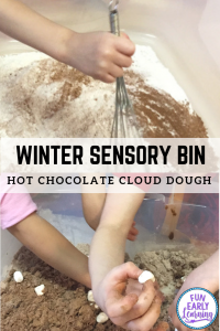 Hot Chocolate Cloud Dough Sensory Bin! Great sensory and winter activity for toddlers, preschool, prek, and kindergarten! #sensorybin #wintersensoryplay #funearlylearning