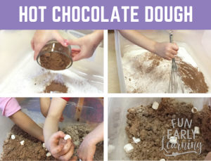 Hot Chocolate Cloud Dough Sensory Bin. Perfect winter activity for toddlers, preschool, kindergarten and early childhood! #hotchocolateclouddough #sensorybin #funearlylearning