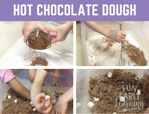 Hot Chocolate Cloud Dough Sensory Bin. Perfect winter activity for toddlers, preschool, kindergarten and early childhood! #hotchocolateclouddough #sensorybin #funearlylearning